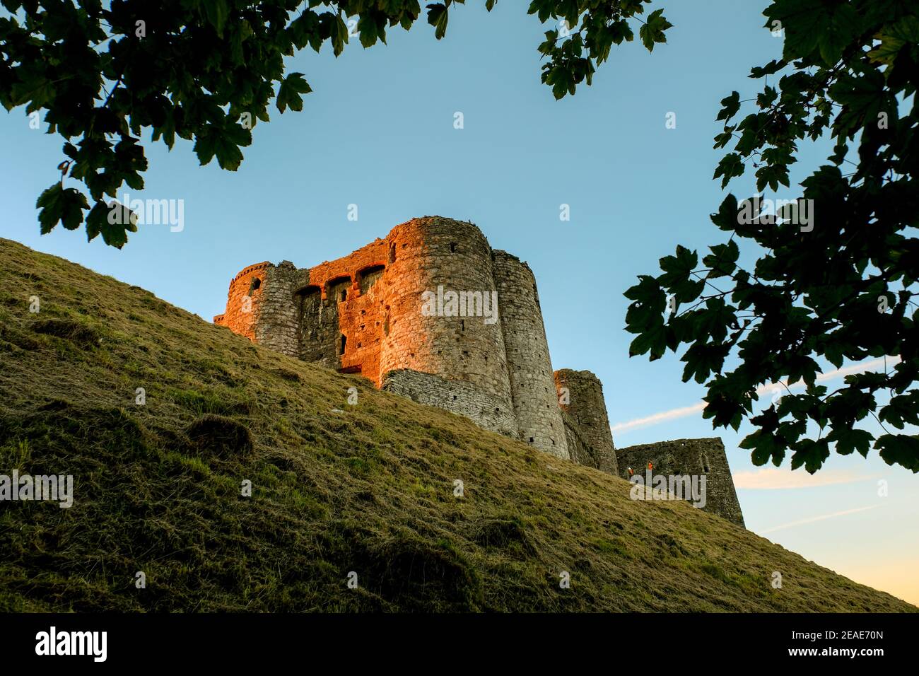 Late summer's evening view of Kidwelly Castle bathed in sunlight. Stock Photo