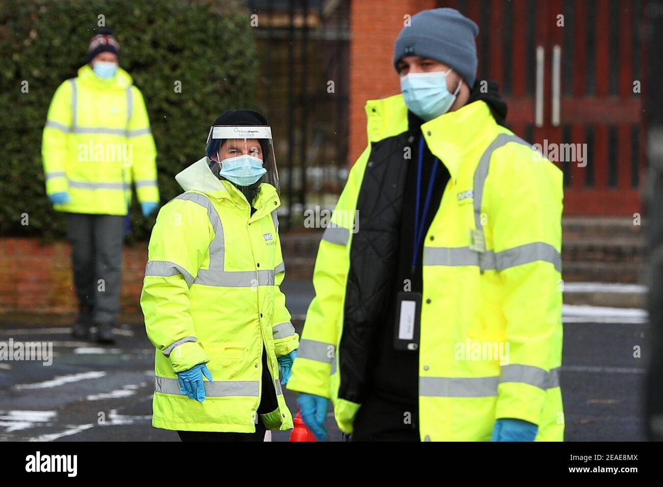 NHS track and trace staff start the new surge testing at Our Lady's Roman Catholic Church in Manchester. Thousands of people in Manchester are being tested for coronavirus after a mutation of the more transmissible Kent variant was detected there. Picture date: Tuesday February 9, 2021. Stock Photo