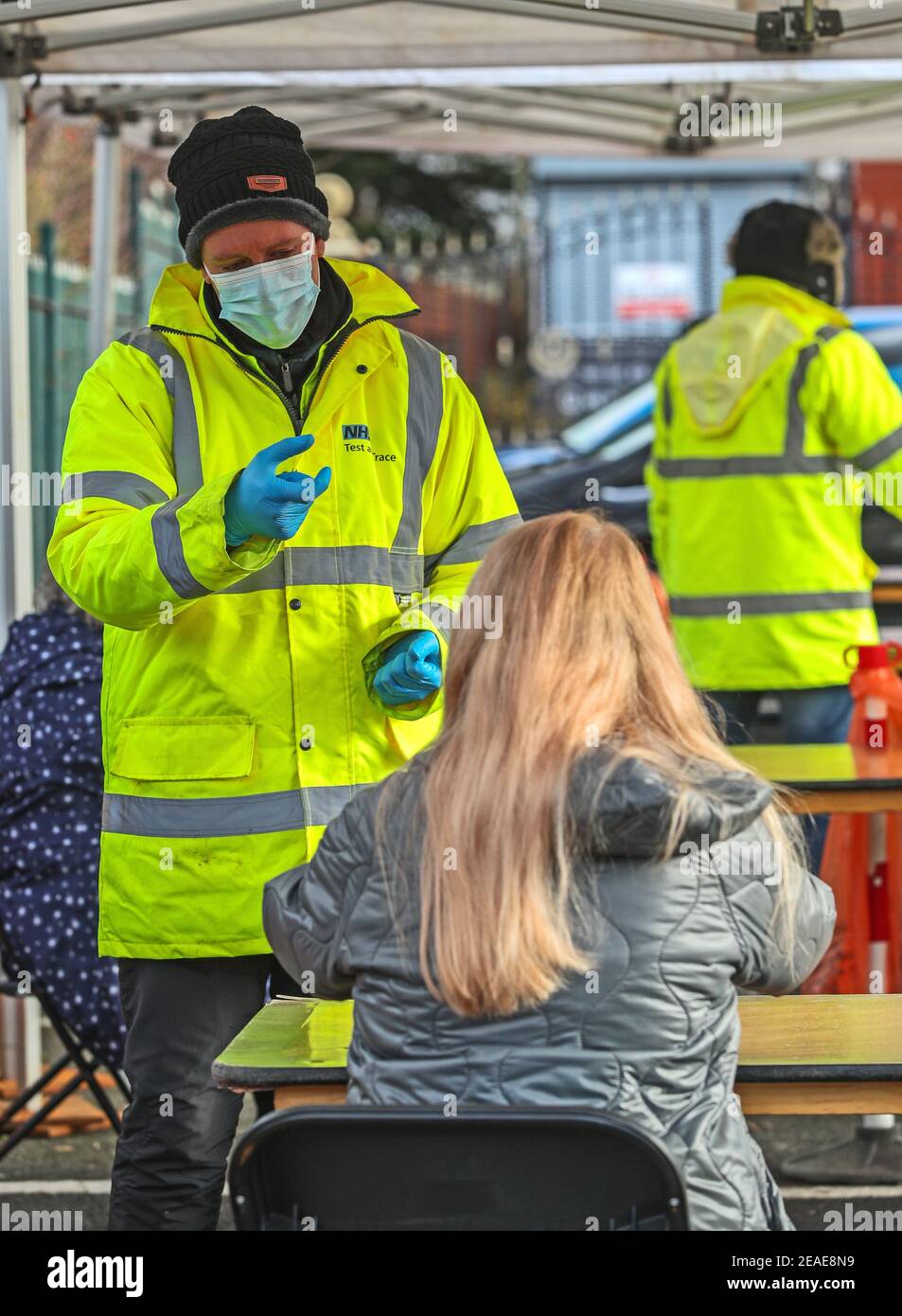A lady takes part in the coronavirus surge testing at Guru Nanak Dev Ji Gurdwara Temple in Manchester. Thousands of people in Manchester are being tested for coronavirus after a mutation of the more transmissible Kent variant was detected there. Picture date: Tuesday February 9, 2021. Stock Photo
