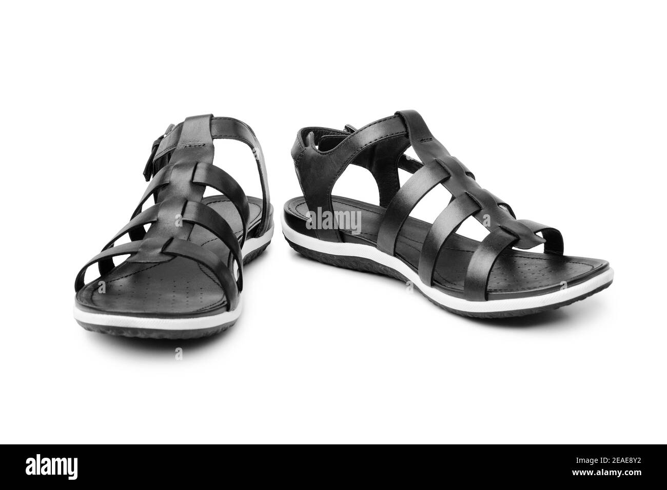 Black female sandals on white background isolated closeup front view,  stylish woman sandal shoes with straps, pair of fashion leather summer  sandals Stock Photo - Alamy