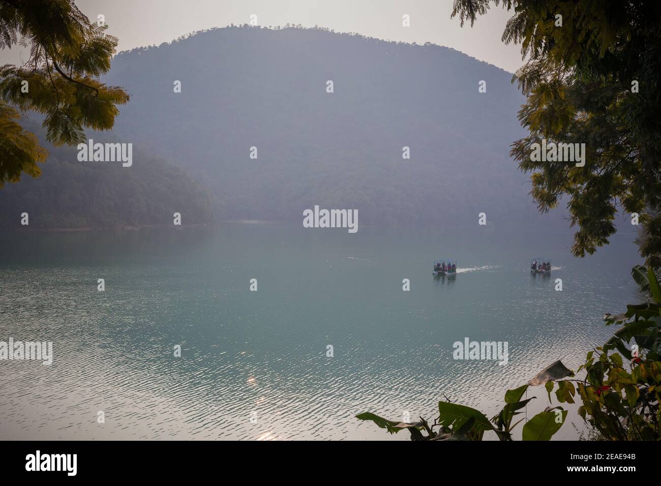 Tourist boats at Phewa Lake. Pokhara. Nepal. Stock Photo