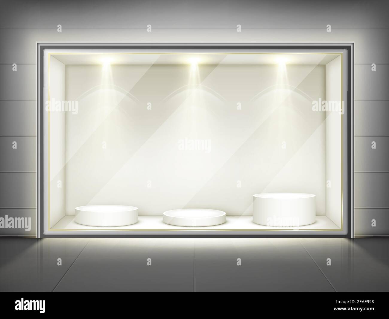 Download Showcase With Glass Wall Round Podiums And Spotlights Vector Realistic Mockup Of Empty Display Stand Storefront With Transparent Window For Shop B Stock Vector Image Art Alamy