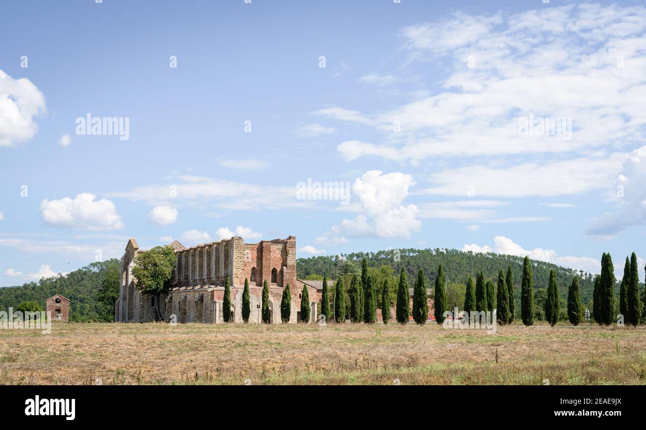 Abandoned ruins of Abbey of San Galgano, a ancient pilgrimage site in Vald'Orcia, Tuscany, Italy, with cypress road and hill Stock Photo