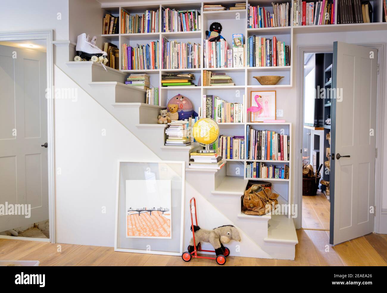 Clever use of storage space: the interior of a modern contemporary home in Sussex, UK. Stock Photo