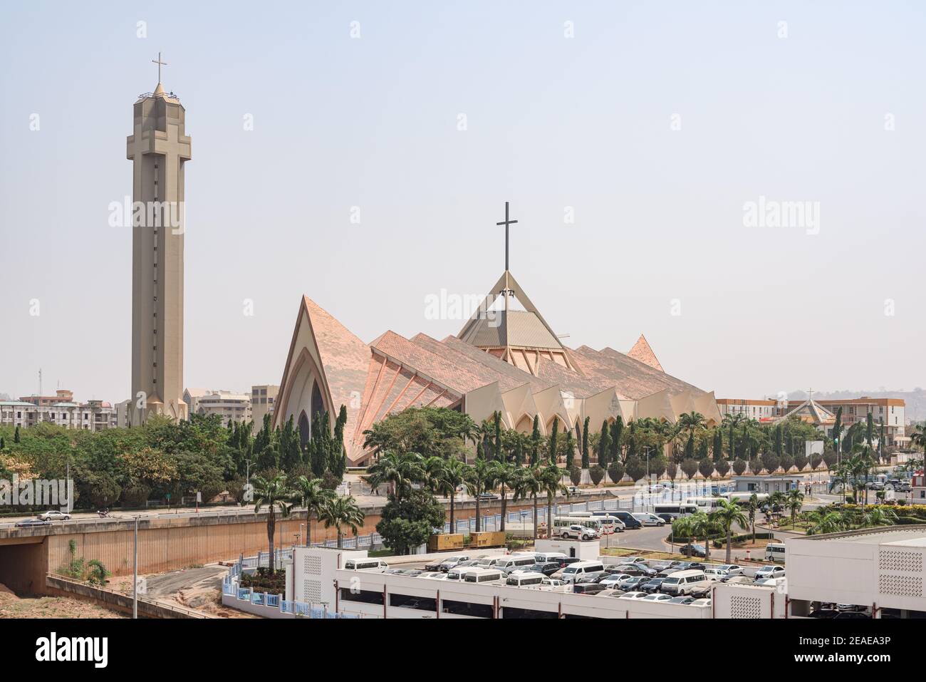 National Ecumenical center, a Christian building for religious ceremonies, in modern architecture style with spiked roof and cross shaped bell tower i Stock Photo