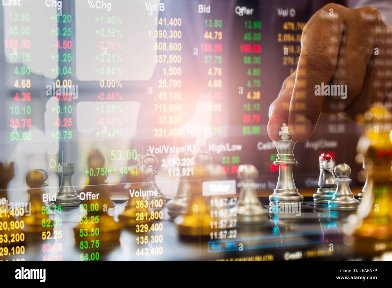 Chess game on chess board behind business man background. Business concept  to present financial information and marketing strategy analysis. Investmen  Stock Photo - Alamy