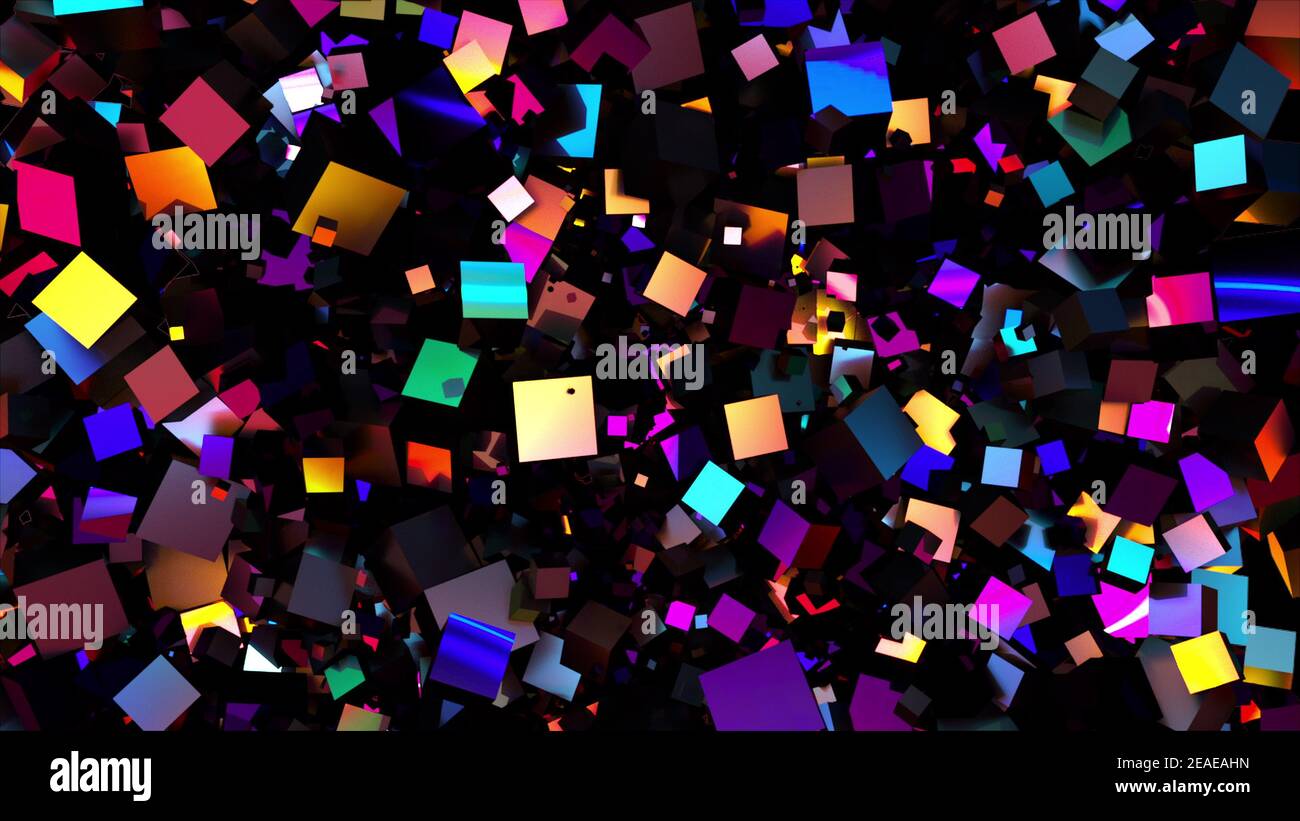 Multicolored random cubes filling the screen, computer generated. 3d rendering neon technological background Stock Photo