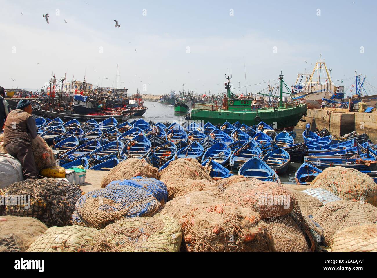 Fishing boating returning to Essaouira Harbour, Essaouira, Morocco Stock Photo