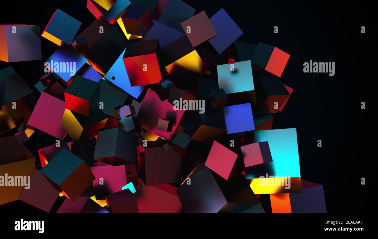 Multicolored random cubes filling the screen, computer generated. 3d rendering neon technological background Stock Photo