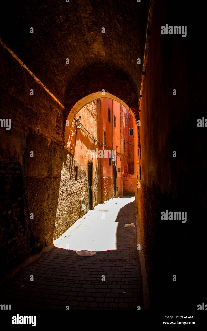 Marrakesh Architecture. High contrast image of deserted alleyway in Marrakesh, Morocco Stock Photo