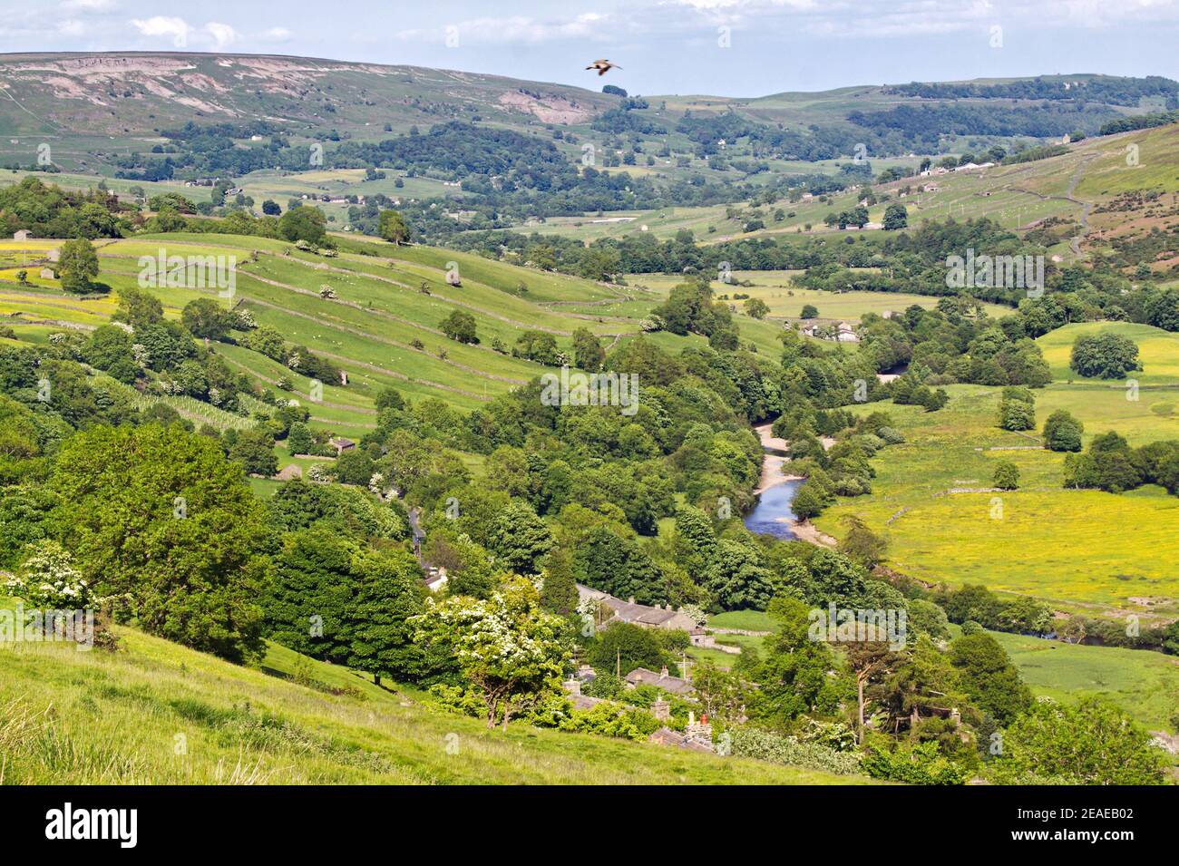 Panoramic view of Swaledale, over the village of Low Row, Yorkshire