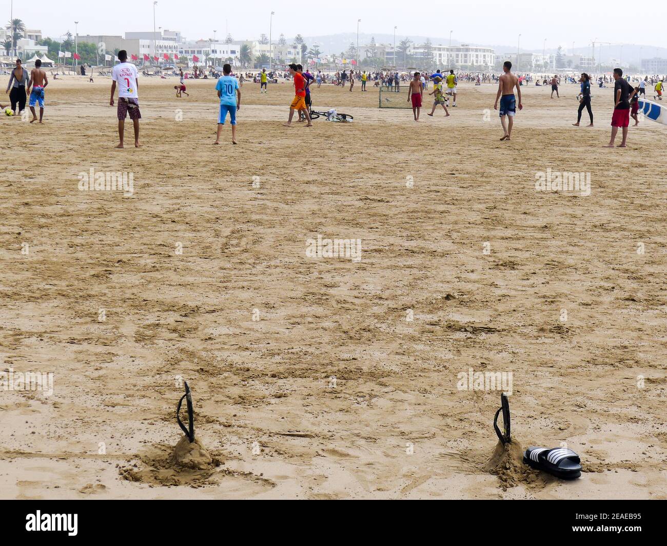Essaouira Beach. Essaouira, Morocco. Beach Football. Flip-flops as goalposts. Stock Photo