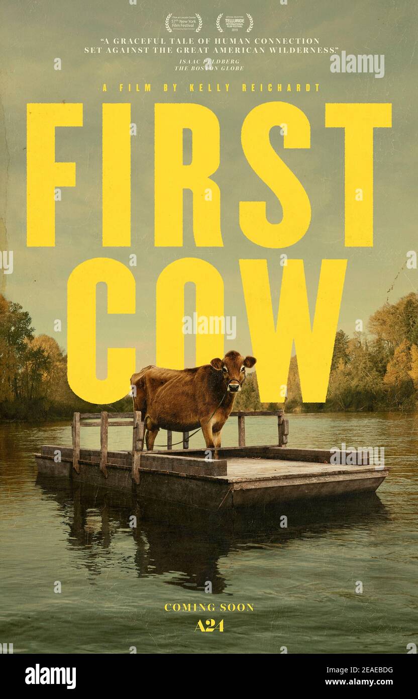 First Cow (2019) directed by Kelly Reichardt and starring Alia Shawkat, John Magaro and Dylan Smith. Big screen adaptatrion of The Half-Life by Jon Raymond about a business venture between a cook and Chinese immigrant in 1820. Stock Photo