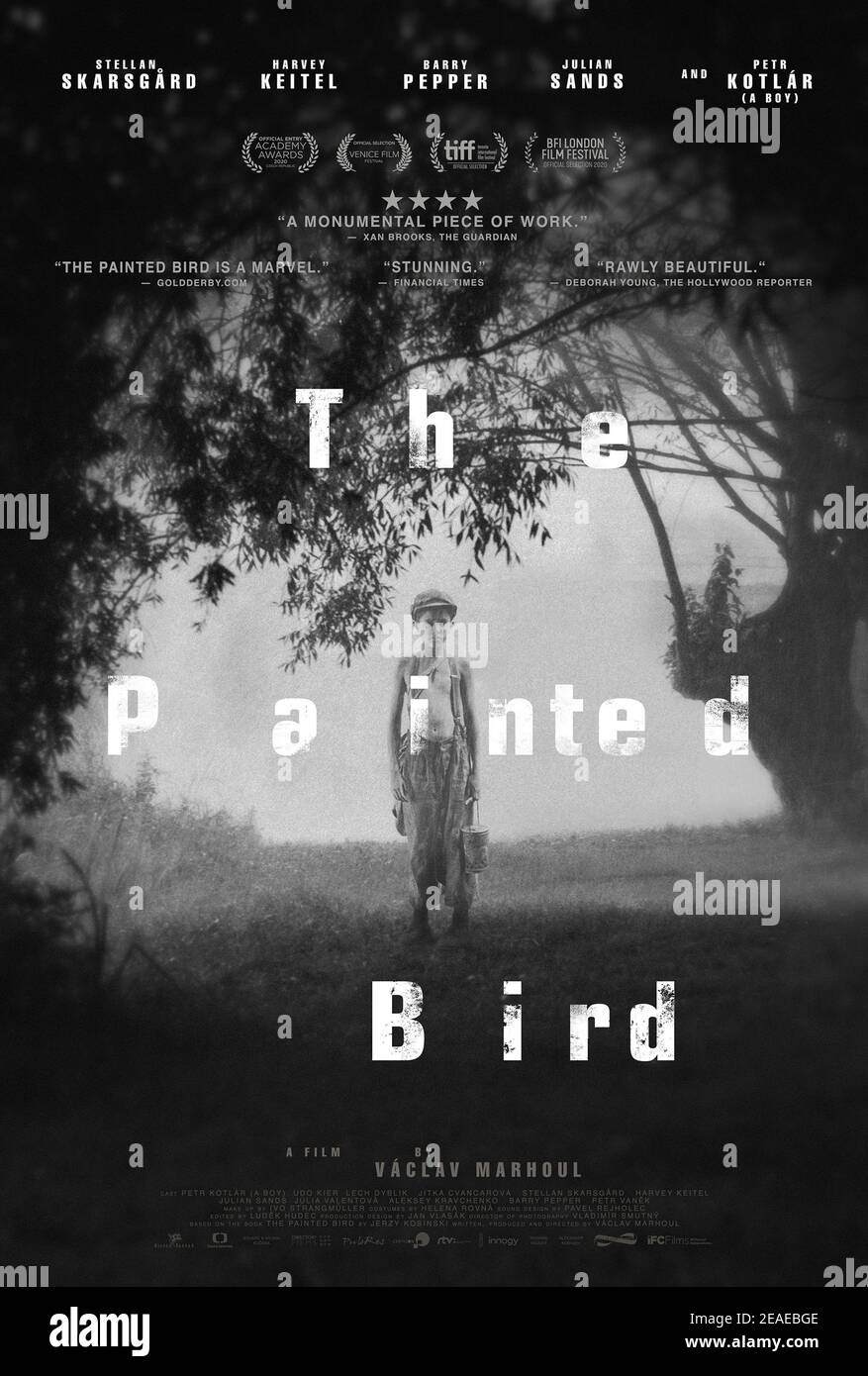 The Painted Bird (2019) directed by Václav Marhoul and starring Petr Kotlár, Nina Sunevic and Alla Sokolova. A young Jewish boy in Eastern Europe seeking refuge during World War II meets a variety of characters. Stock Photo