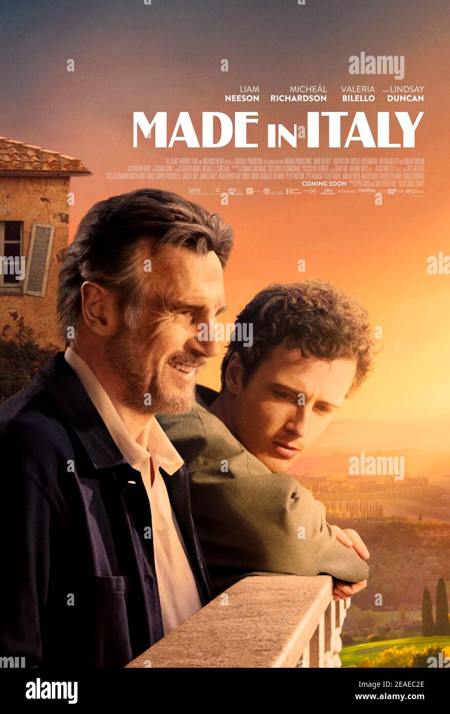 Made in Italy (2020) directed by James D'Arcy and starring Yolanda Kettle, Micheál Richardson, Souad Faress and Liam Neeson. A bohemian artist travels from London to Italy with his estranged son to sell the house he inherited from his late wife. Stock Photo