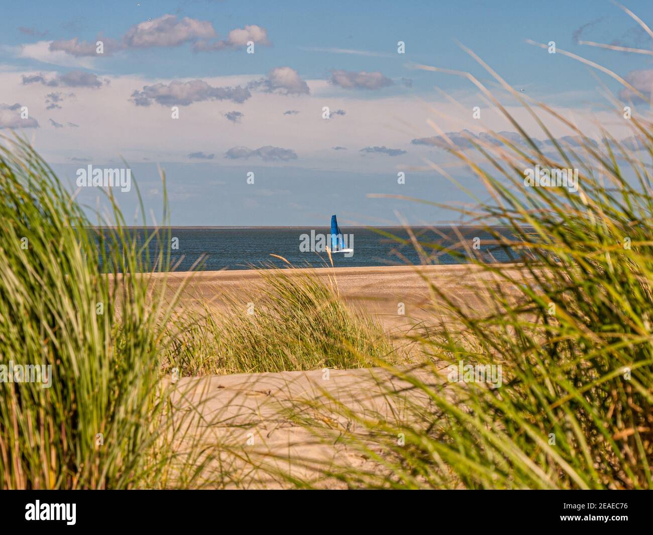 View over dune with grass and the beach on the North Sea with a sailing ship on the island Texel, Netherlands Stock Photo
