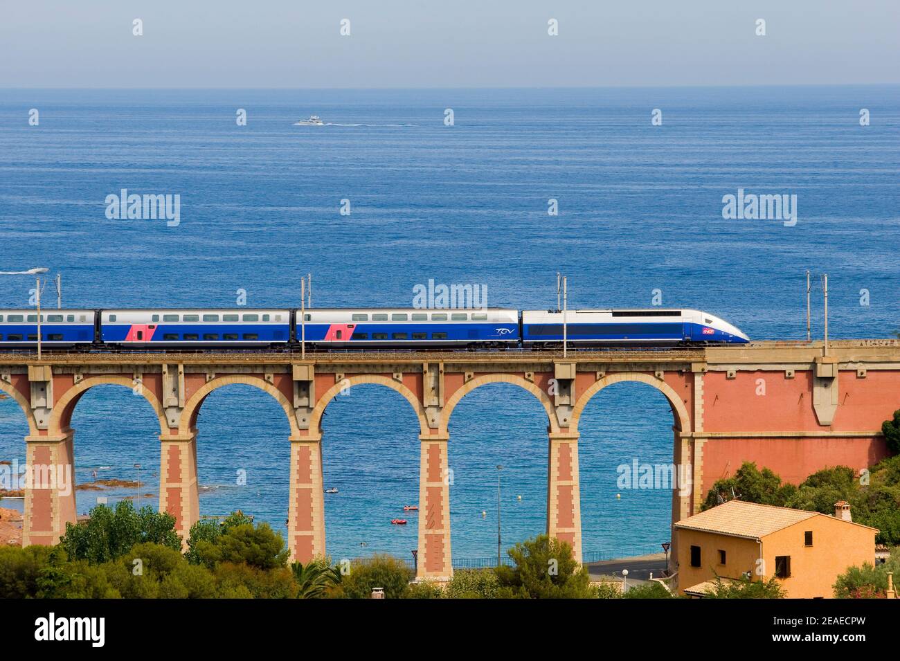 High speed train TGV on Viaduc d'Anthéor south of France. Var Stock Photo