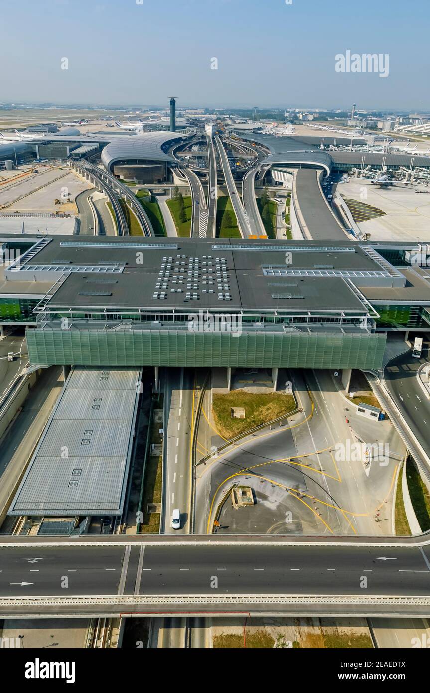 Roissy Charles de Gaulle Airport Terminal 2 seen from the sky Stock