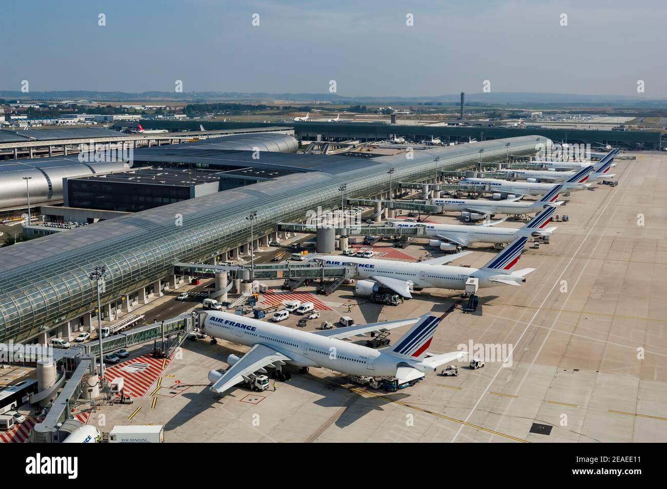 Roissy Charles de Gaulle Airport Terminal 2 seen from the sky Stock