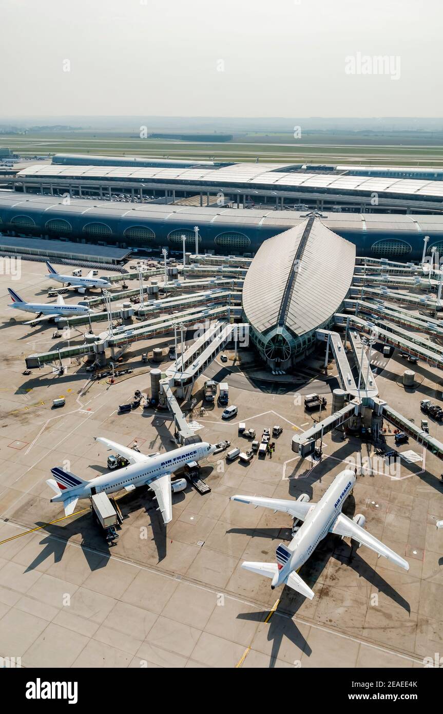 Roissy Charles de Gaulle Airport Terminal 2 seen from the sky Stock