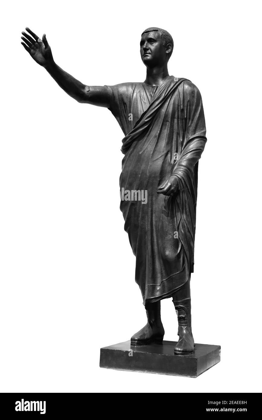 Statue of Roman statesman, lawyer, orator and philosopher. Isolated on white. Ancient antique roman sculpture Stock Photo