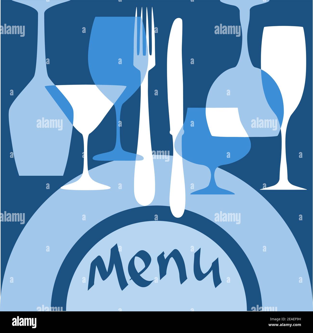 Restaurant menu cover with dishware in blue colors for design Stock Vector