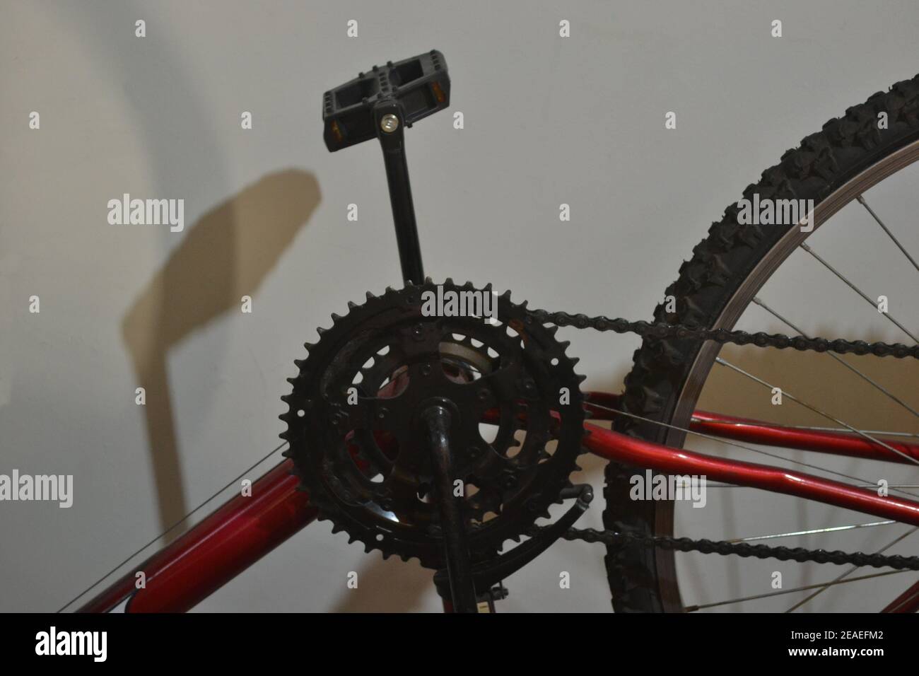 Bicycle. Sprocket, chain, pedal, tire, spokes and part of the frame of a red bicycle for domestic or sport use, photo zoom, white background, Brazil, Stock Photo