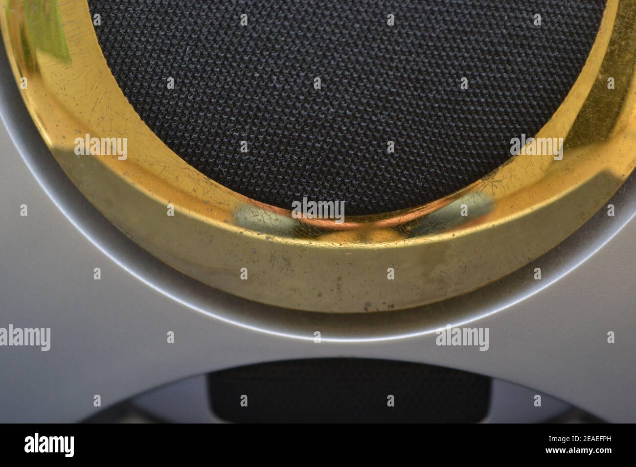 Sound speake futuristic style photo used as scene background in selective focus with black gray and gold colors Stock Photo