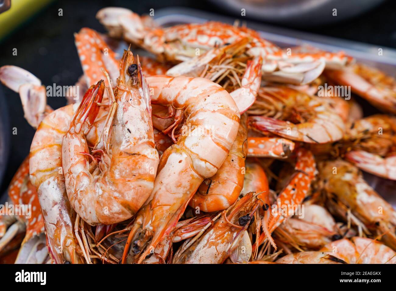 Close up to the Roasted shrimp on the top of pile. Stock Photo