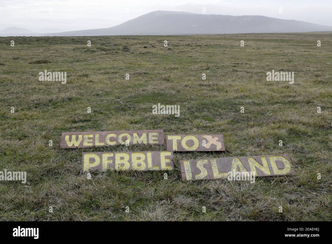 Falkland Islands, Pebble Island Welcome sign by airstrip Stock Photo