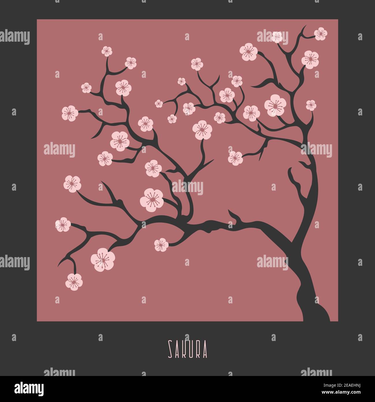 blooming sakura branches in frame on pink background and text Stock Vector