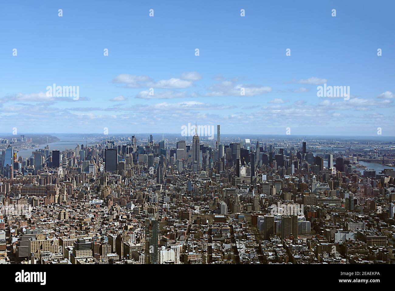 Aerial view of New York skyline including the Hudson and East rivers ...