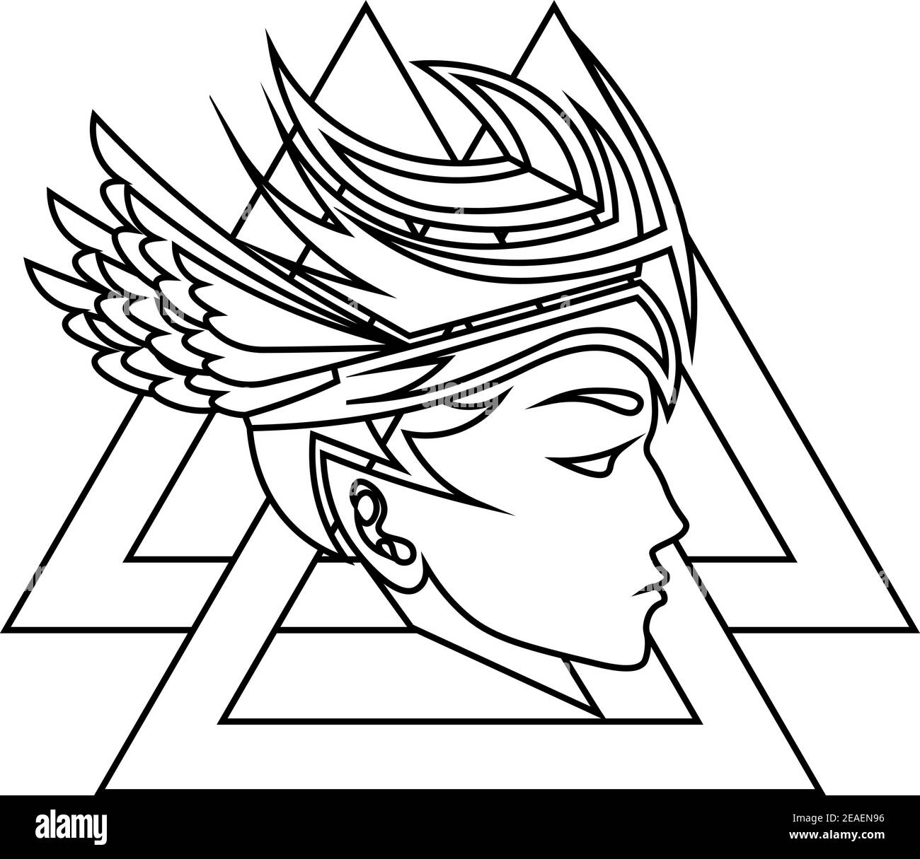 isolated outline valkyrie's face profile on valknut, icon, tattoo or print Stock Vector