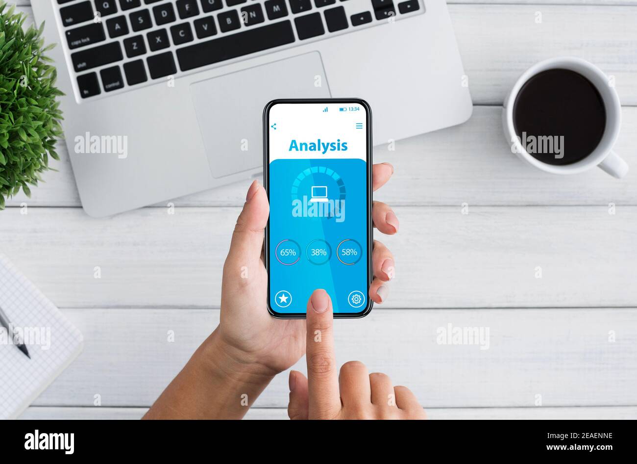 Unrecognizable woman using smartphone with data analysis app on screen, collage Stock Photo