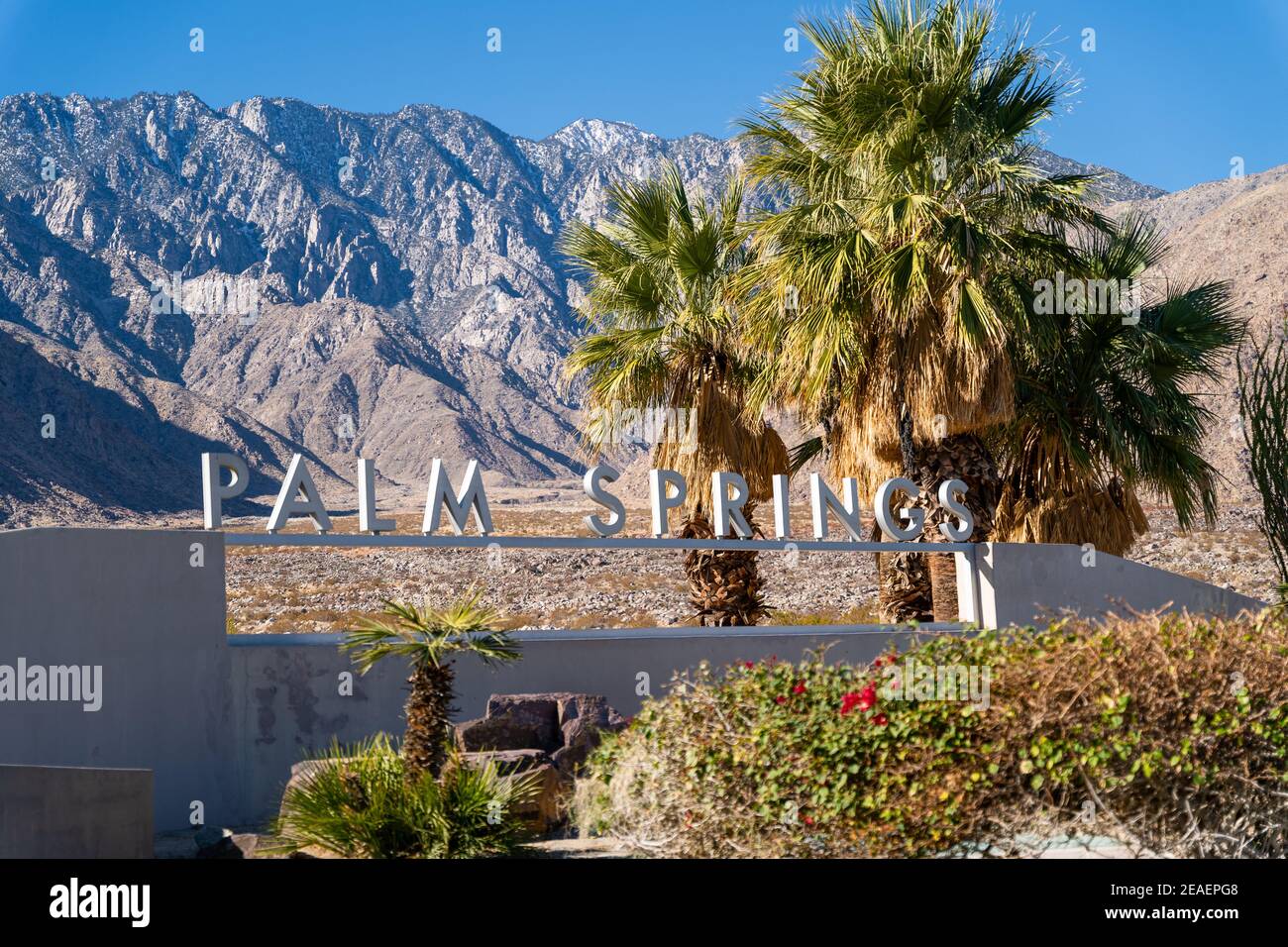 PALM SPRINGS, UNITED STATES - Feb 05, 2021: Welcome sign of Palm Springs, CA. near the Tramway with spectacular views! Stock Photo