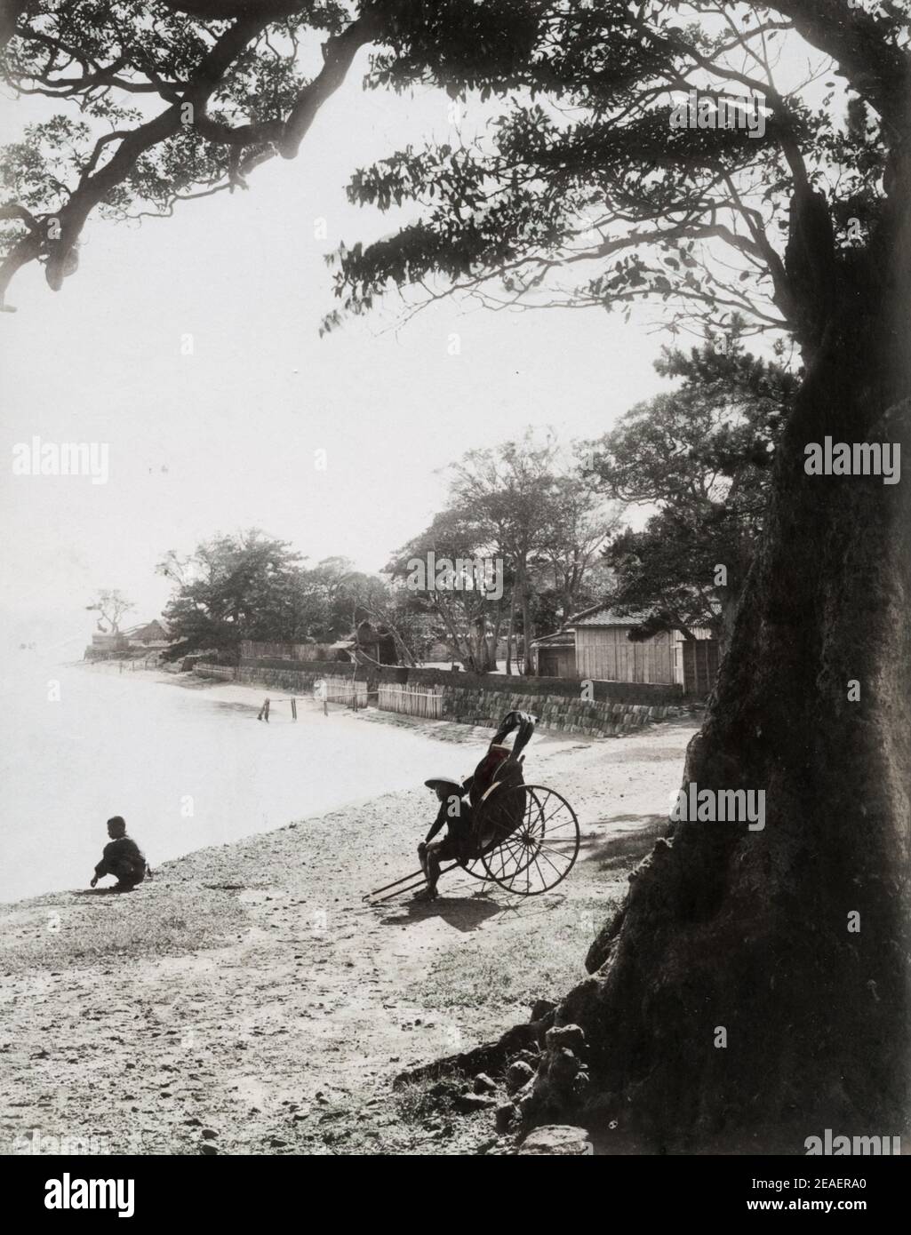 Late 19th century vintage photograph: Rickshaw on beach, Honmuku, a ...