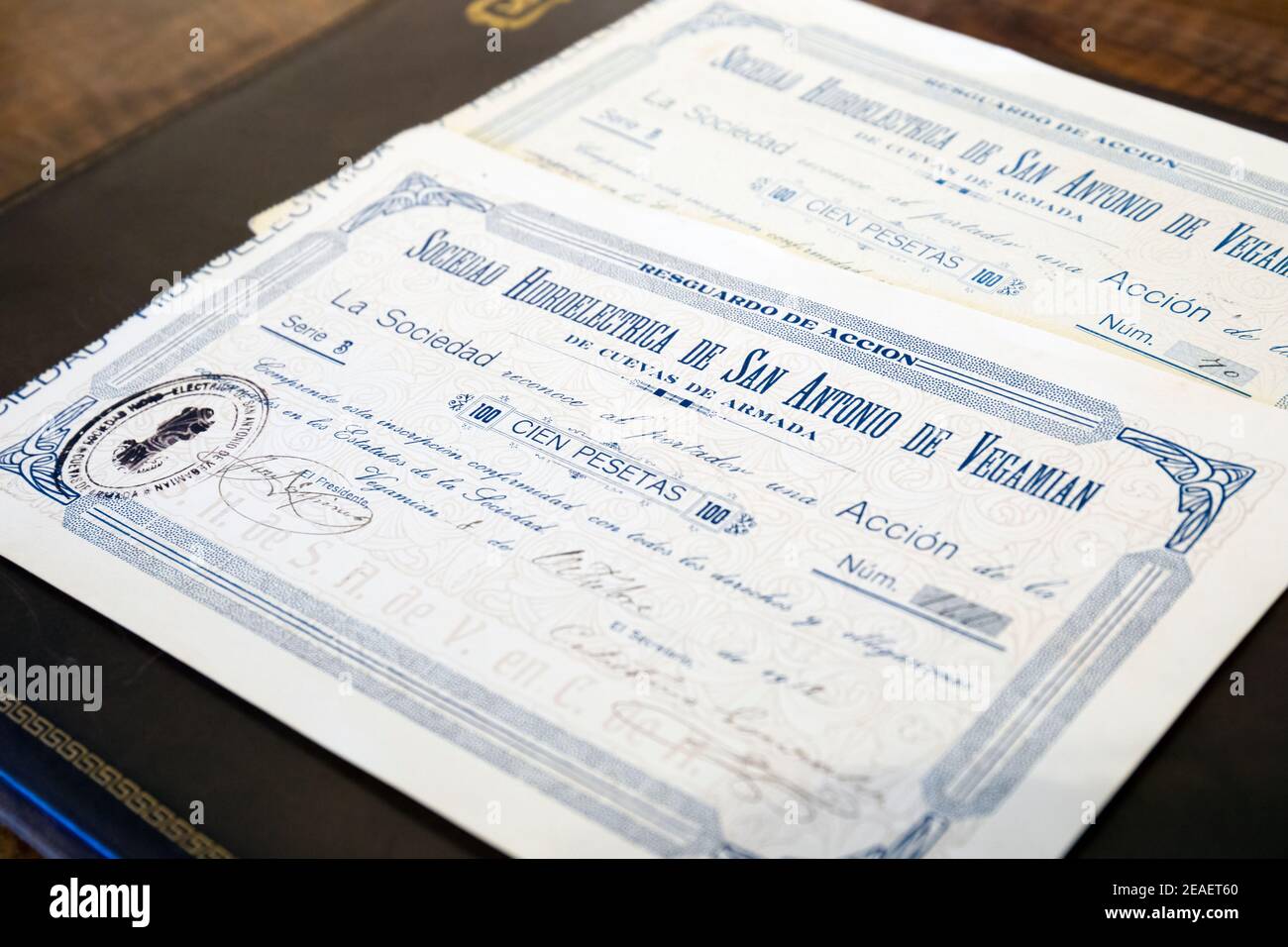 Europe, Spain, Leon, Museo Casa Botines Gaudi, Historic Share Certificates for Hydro Electric Company Stock Photo