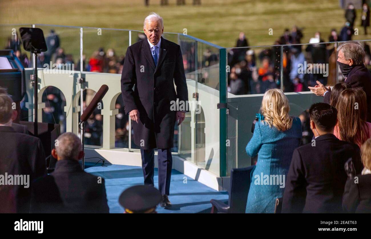 WASHINGTON DC, USA - 20 January 2021 - US President-elect Joseph R. Biden Jr. takes the presidential oath of office at the U.S. Capitol, Washington, D Stock Photo