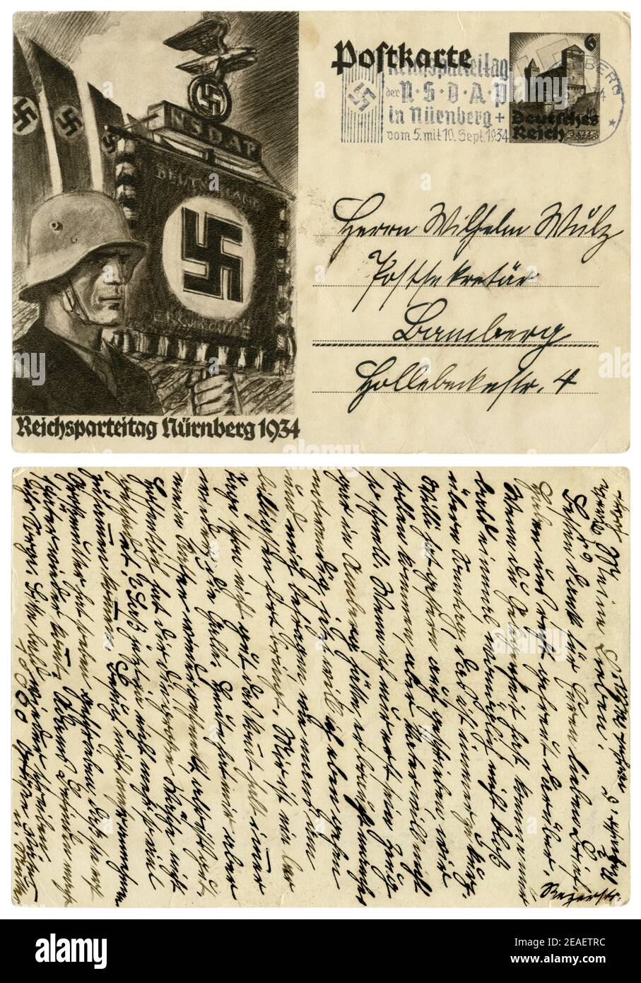 German historical postal card: The 6th party Congress of the NSDAP in Nuremberg in 1934, SS standard bearer in a steel helmet. Germany, Third Reich Stock Photo