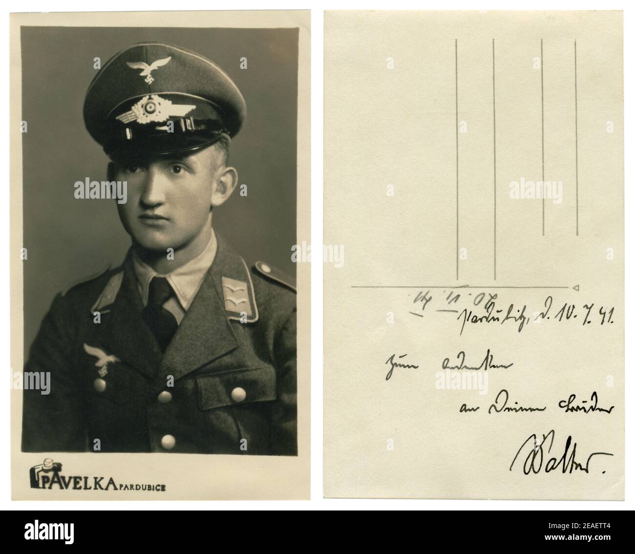 German historical photo: young handsome man,  Unterfeldwebel of air force (Luftwaffe) in military uniform, Pardubice, occupied Czech, Third Reich 1941 Stock Photo