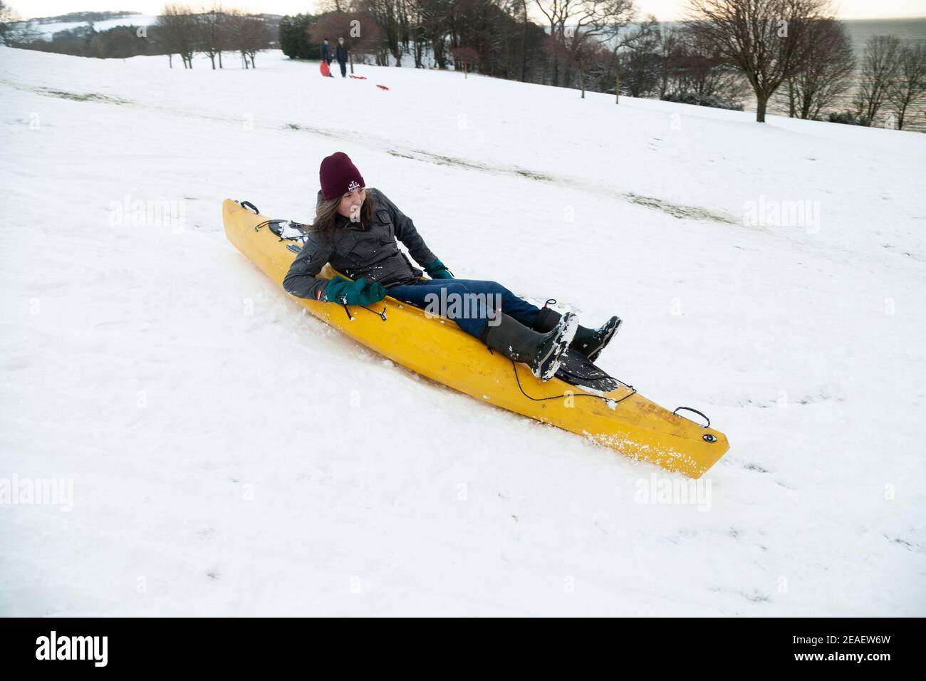 Aberdour, UK. 09th Feb, 2021. Using a kayak in the snow today at Aberdour golf course. Aberdour, Fife. Credit: Richard Newton/Alamy Live News Stock Photo