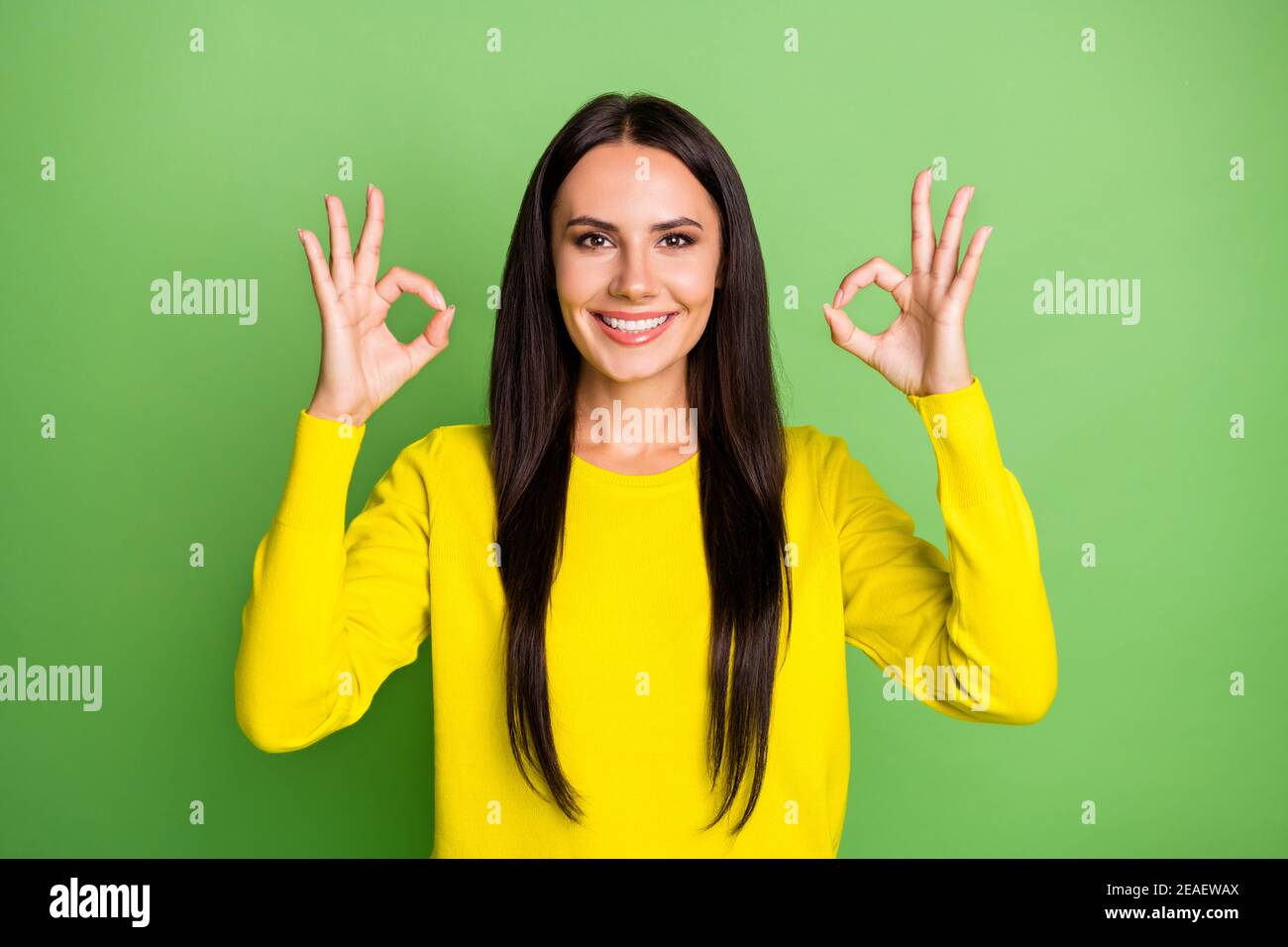 Portrait Of Cheerful Person Show Two Arms Fingers Okey Symbol Good Job Wear Pullover Isolated On Green Color Background Stock Photo Alamy