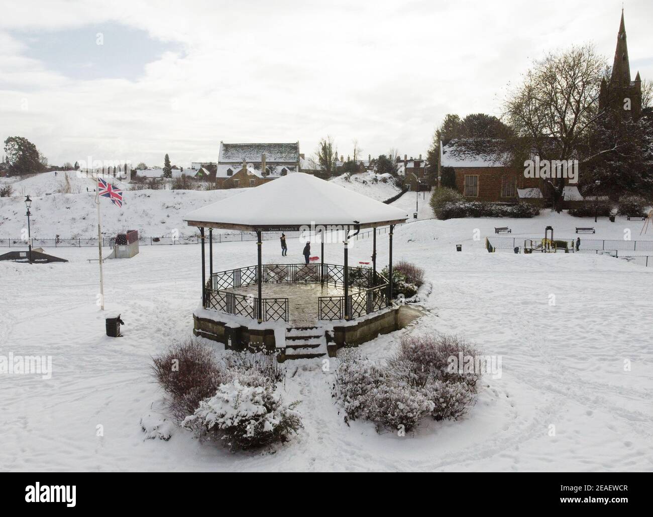 Oakham, Rutland, UK. 9th February 2021. UK weather. The Union flag flies next to the bandstand in Cutts Close Park as the temperature in the UK plummeted to its lowest in a decade. Credit Darren Staples/Alamy Live News. Stock Photo