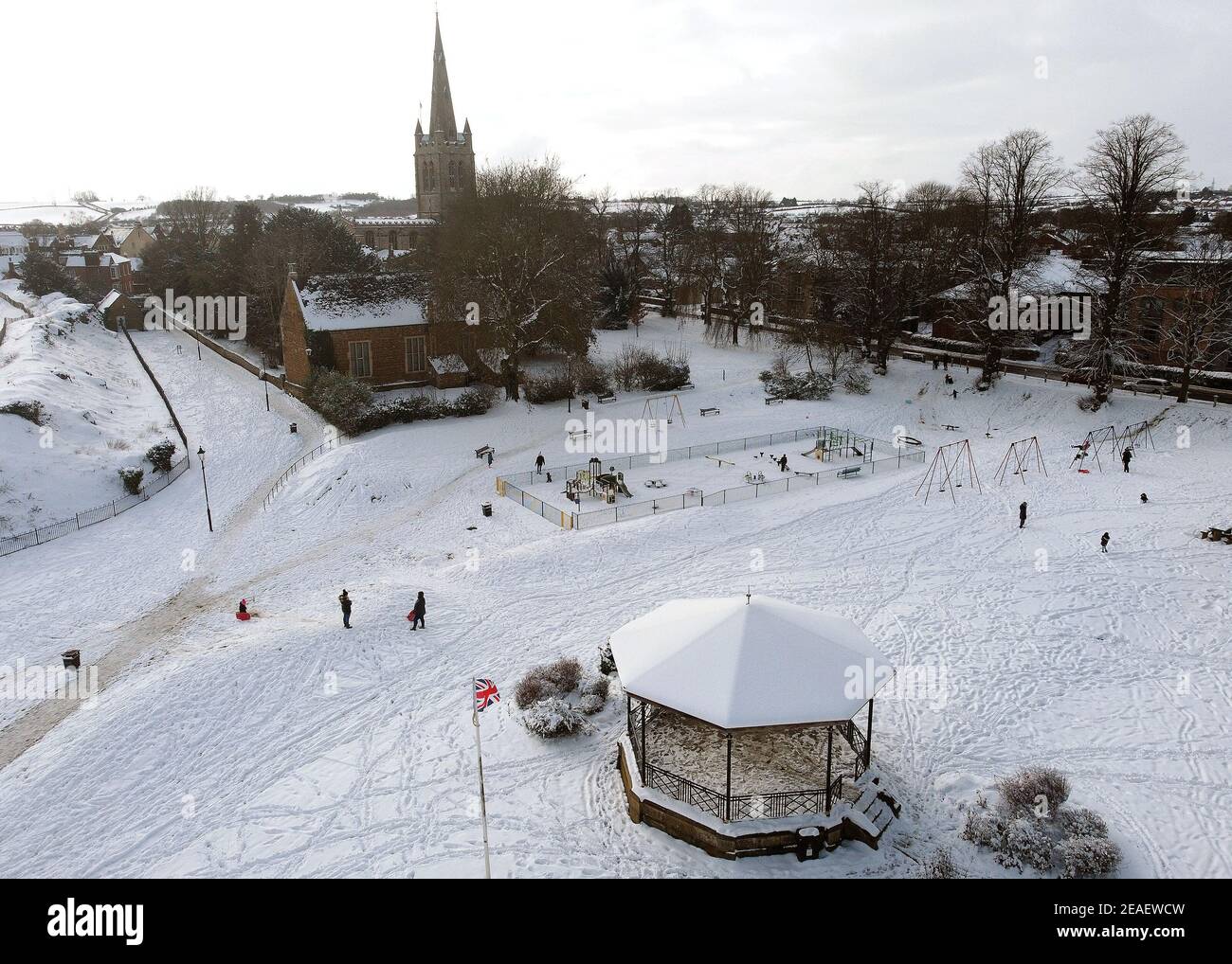 Oakham, Rutland, UK. 9th February 2021. UK weather. The Union flag flies next to the bandstand in Cutts Close Park as the temperature in the UK plummeted to its lowest in a decade. Credit Darren Staples/Alamy Live News. Stock Photo