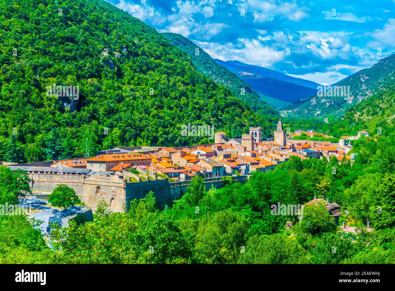 aerial-view-of-villefranche-de-conflent-village-in-france-stock-photo