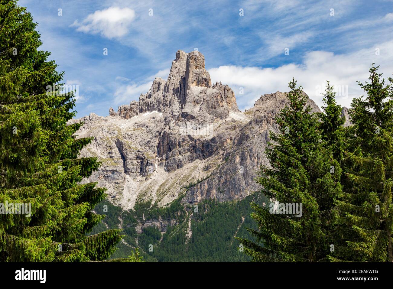 Sass Maor and Cima della Madonna mountain peaks. Pale di San Martino mountain group. Trentino. Italy. Europe. Stock Photo
