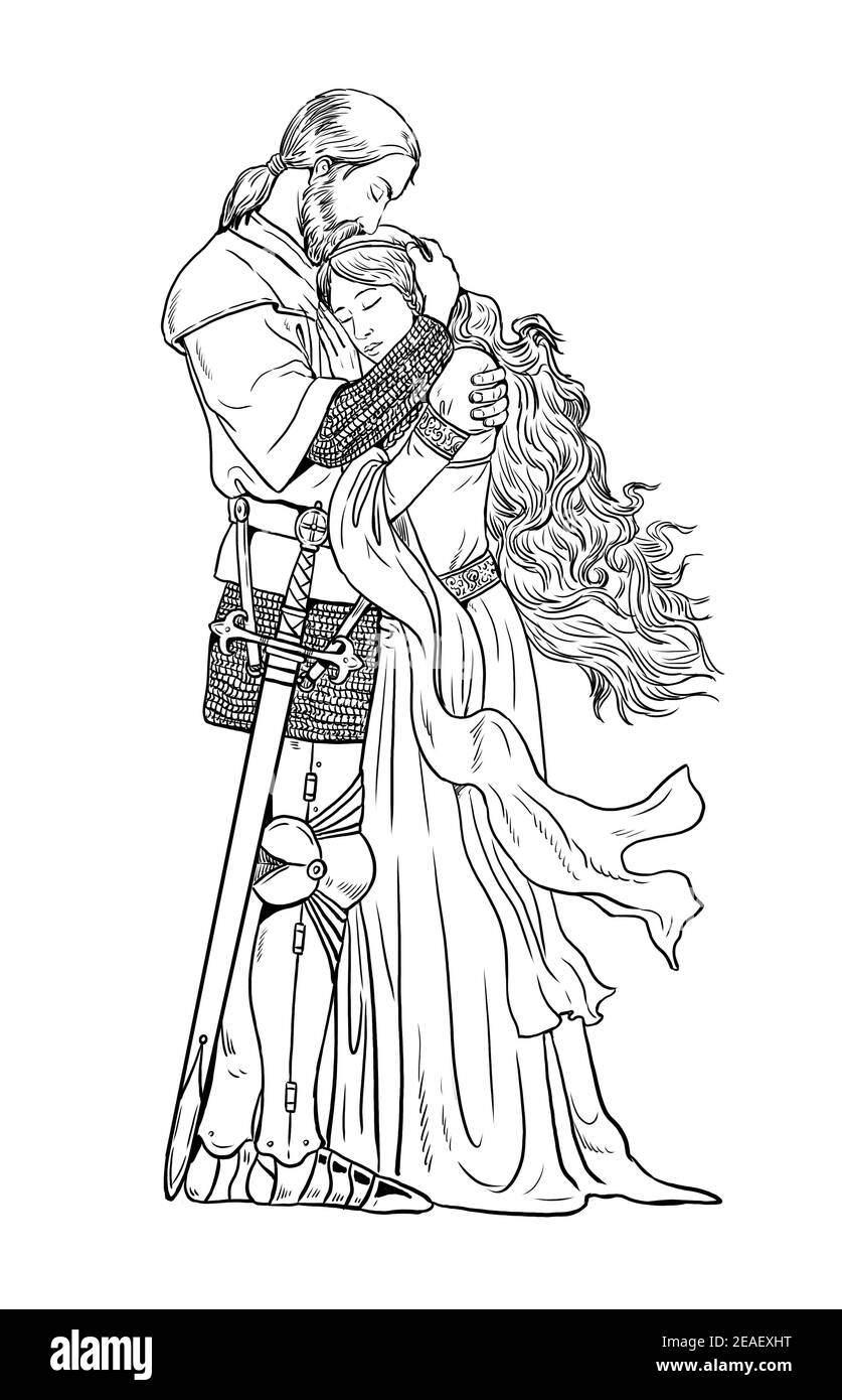 Knight and his queen. Love of Tristan and Isolde. Digital drawing. Stock Photo