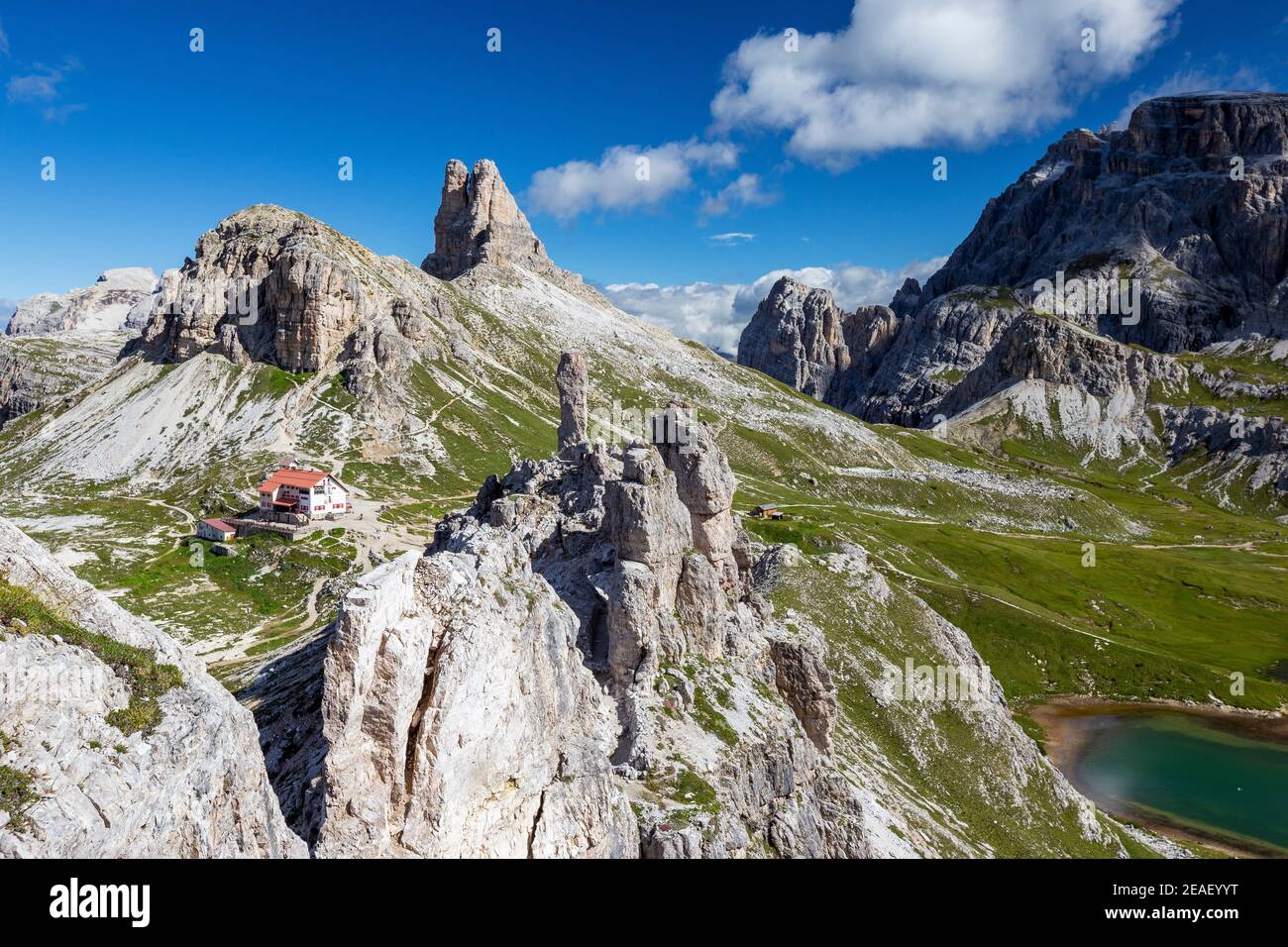 Rocky pinnacles of Monte Paterno. In background Sasso di Sesto, Torre di Toblin mountains. The Locatelli alpine refuge. The Sexten Dolomites. Italy. Stock Photo