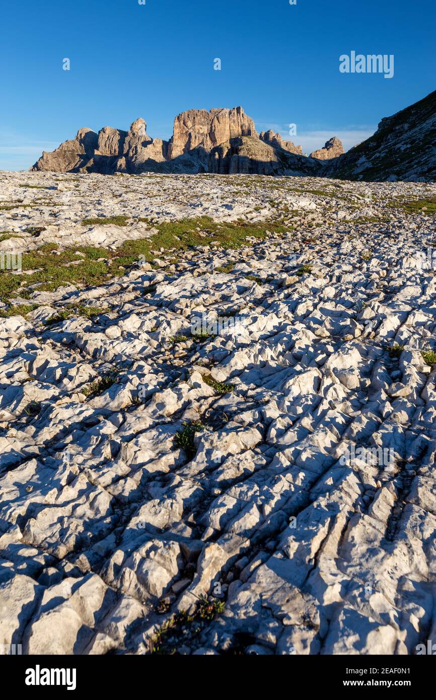 Karst limestone rocks, sedimentary rocks and dawn. Tre Cime Natural Park. Italian Alps. Europe. Stock Photo