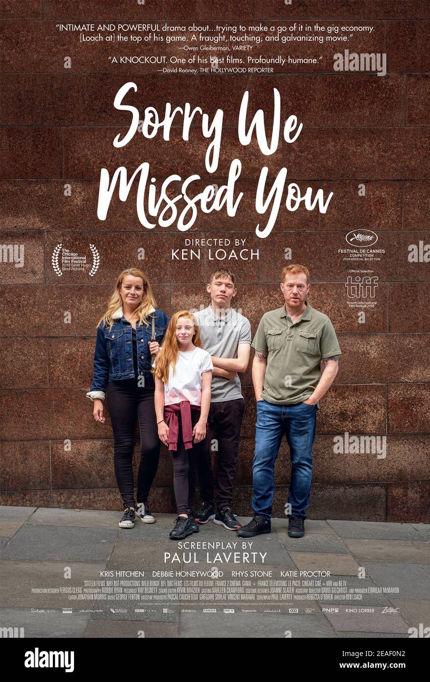 Sorry We Missed You (2019) directed by Ken Loach and starring Kris Hitchen, Debbie Honeywood and Rhys Stone. A hard-up UK delivery driver and his wife struggling to raise a family end up trapped in the vicious circle of this modern-day form of labour exploitation. Stock Photo